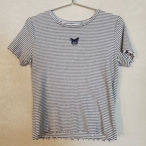 Hollister Butterfly Embroidered Lettuce Hem Striped Tee (M)